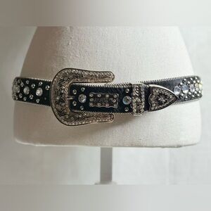 BHW Western Womens Black Leather Rhinestone Silver Studded Belt Medium